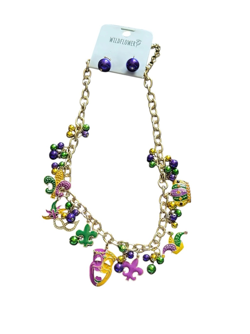 Wildflowers women’s  Purple & Green Mardi Gras Charm Necklace and Earrings Set